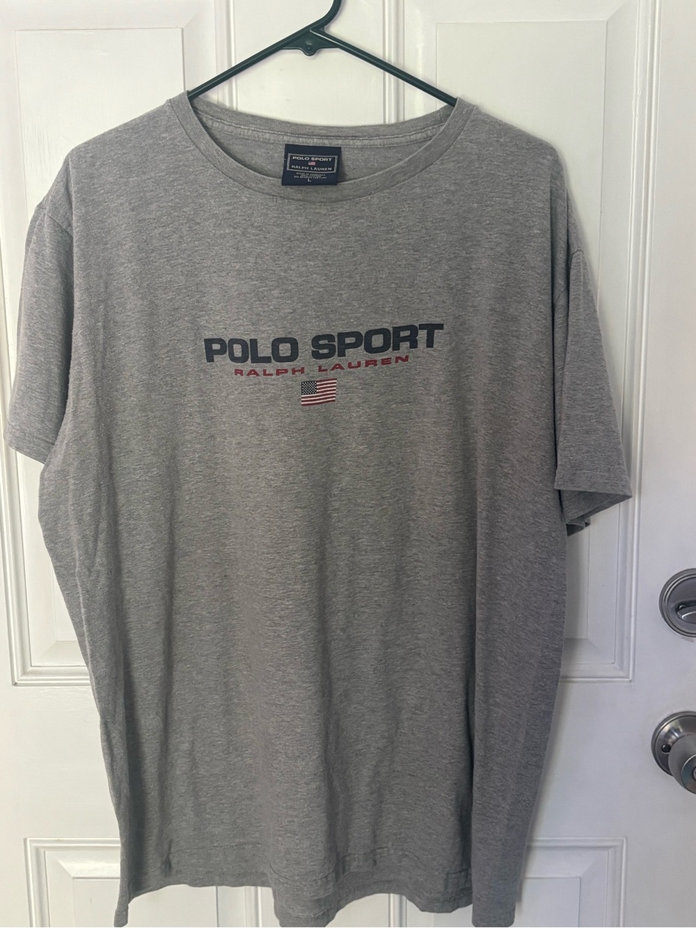 Vintage 90s Polo Sport Ralph Lauren USA Flag Graphic T-Shirt Gray Size Large